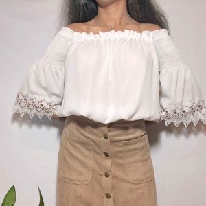 White Off The Shoulder Flowy Lace Blouse